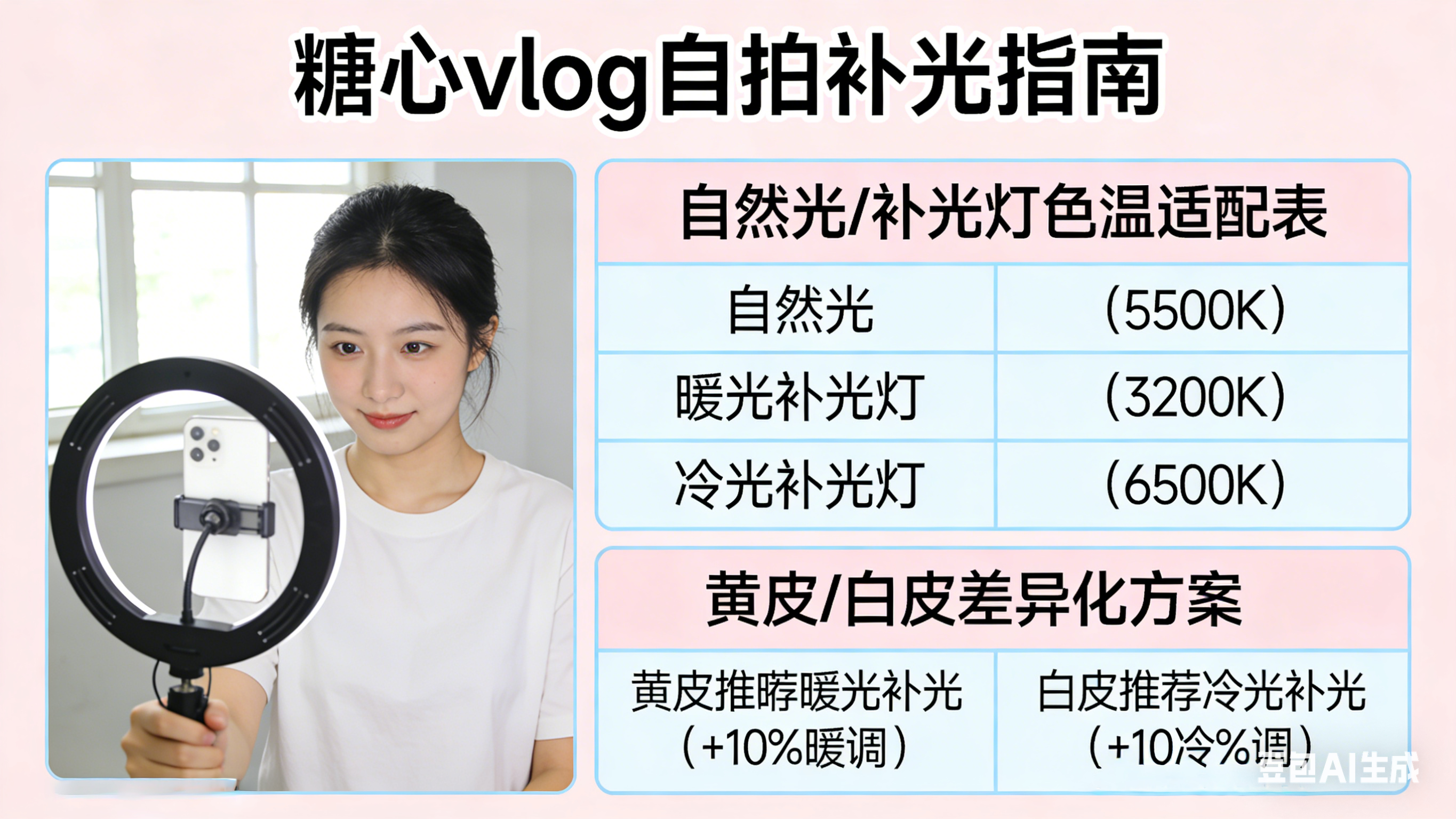糖心vlog自拍 - 精准补光技巧，自然光/补光灯色温适配表，黄皮/白皮差异化方案